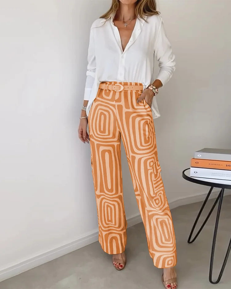 Giulia - Women's Two Piece Set with Geometric Print & Statement Belt