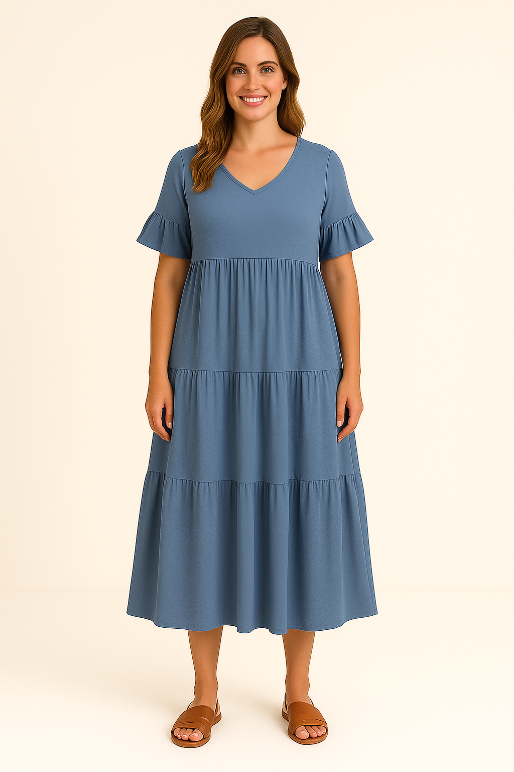 Variant image for Camilla - Women's White Tiered Summer Dress with Ruffle Sleeves for Everyday Comfort-26