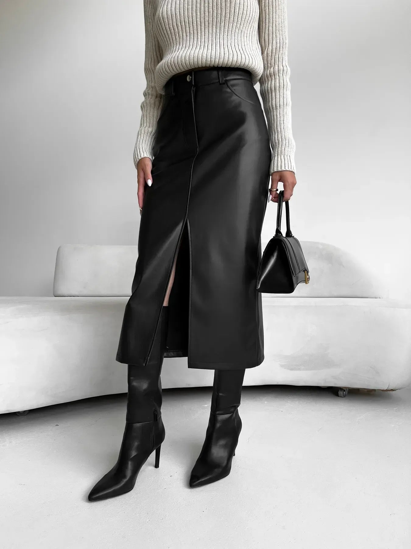 Eco-Friendly Faux Leather Maxi Skirt with High Slit for Women - Elegant Long Skirt