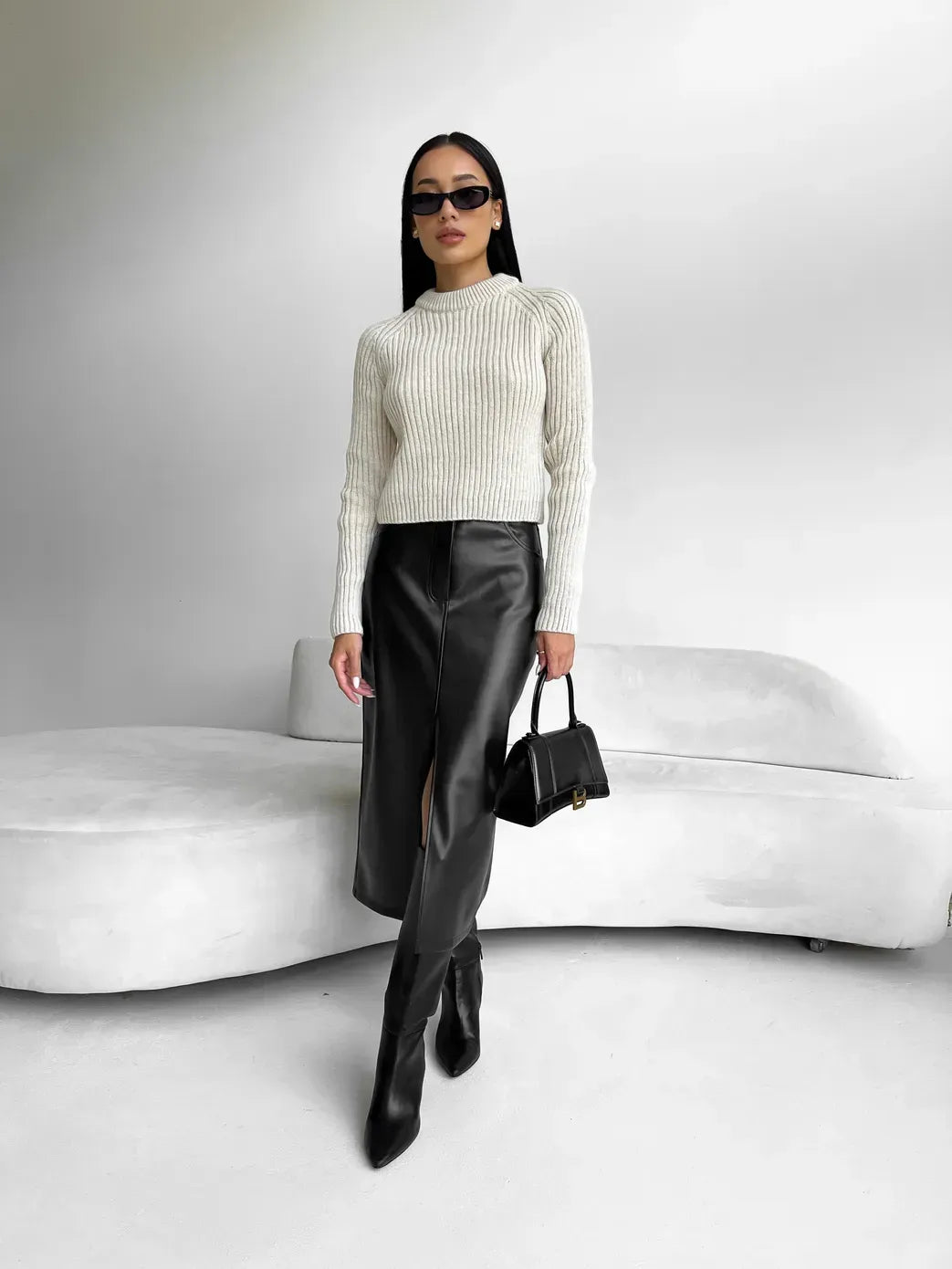 Eco-Friendly Faux Leather Maxi Skirt with High Slit for Women - Elegant Long Skirt