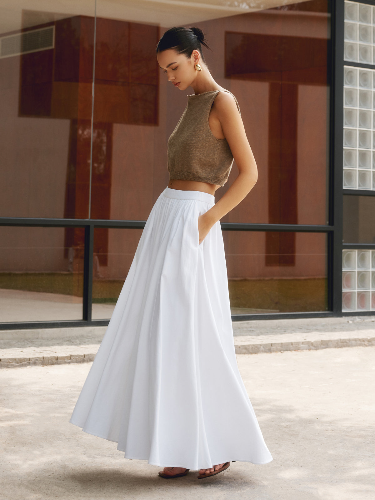 Elegant Cotton Pleated Maxi Skirt for Women - Lightweight Long Skirt in Classic Colors