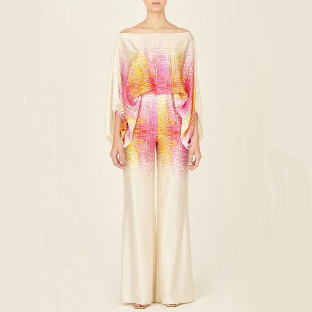 Elegant Women's Two-Piece Satin Set with Off-Shoulder Top and Unique Pattern – Luxe Evening Outfit