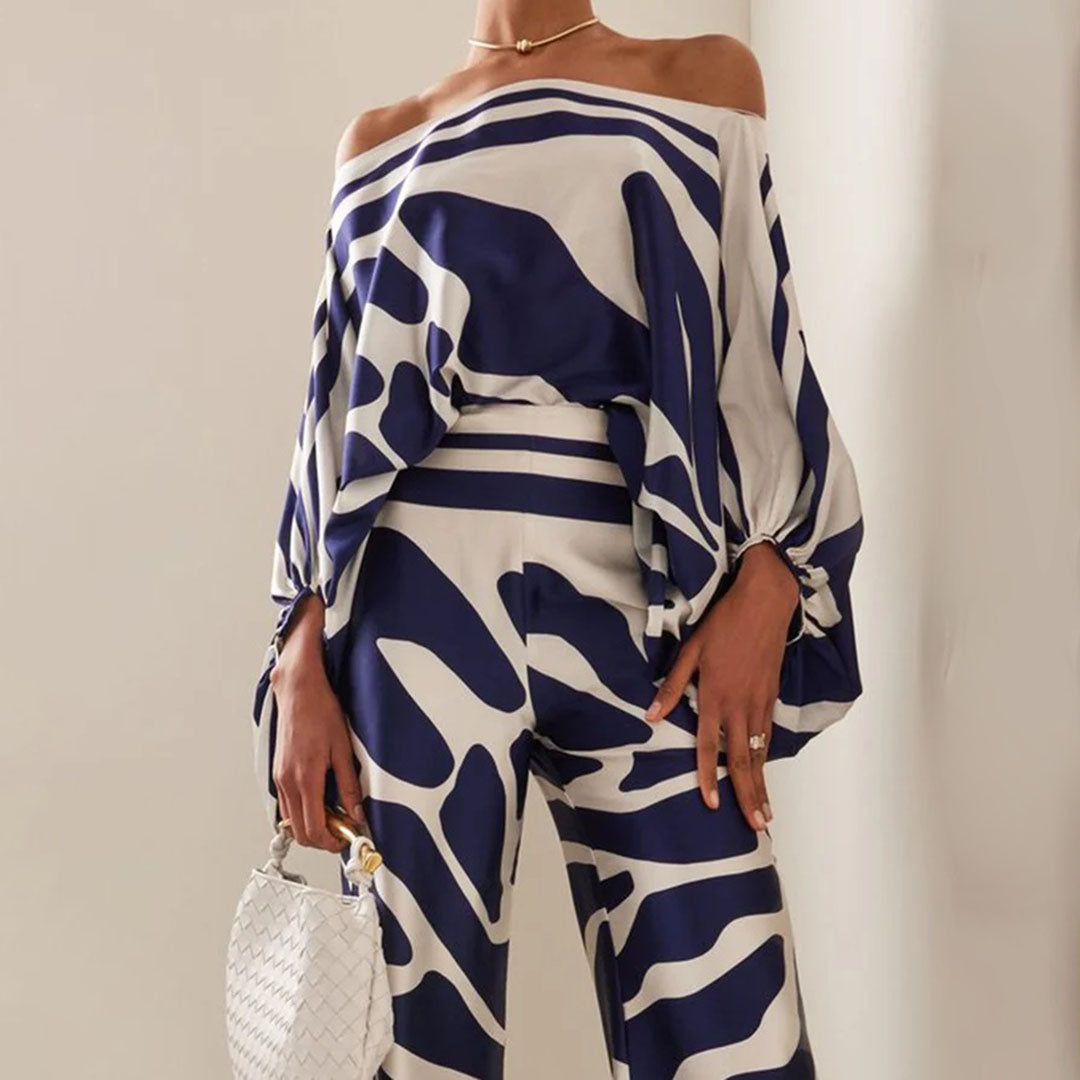 Elegant Women's Two-Piece Satin Set with Off-Shoulder Top and Unique Pattern – Luxe Evening Outfit