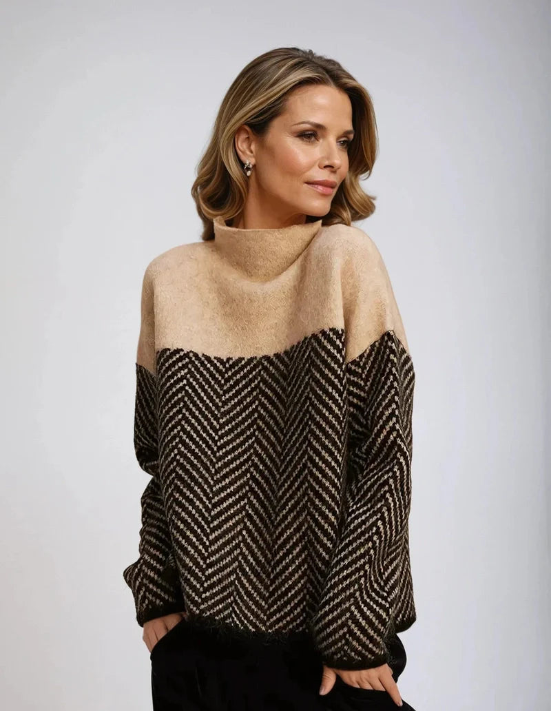 Ella - Women's Cozy Cashmere Sweater with High Collar and Herringbone Design