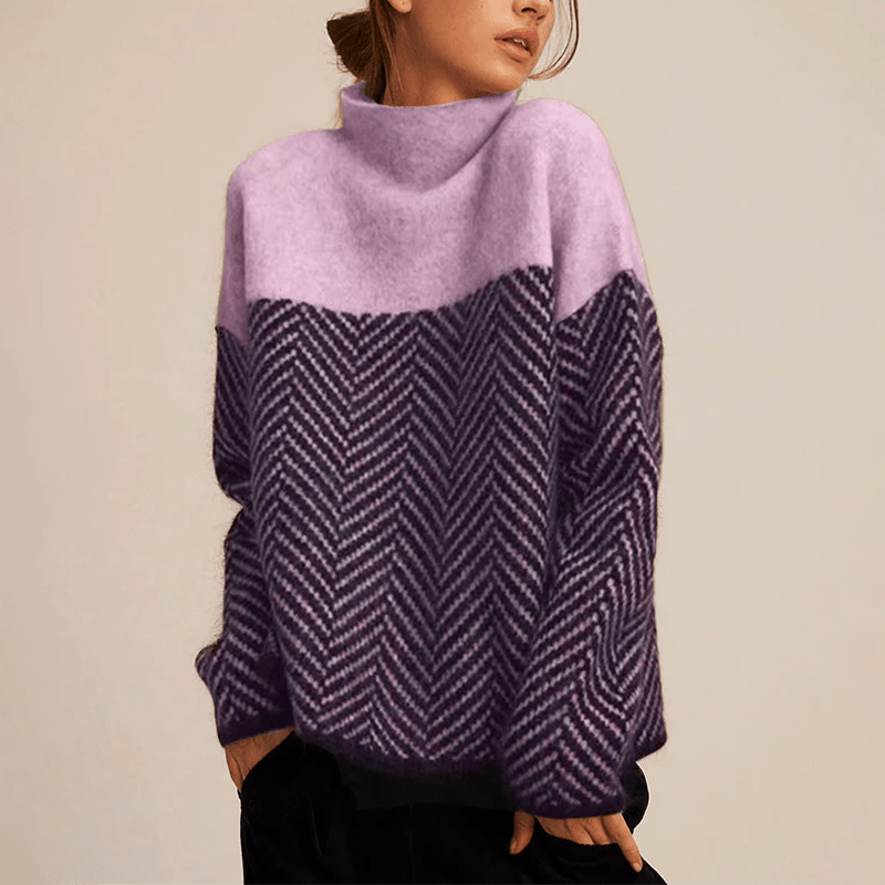 Variant image for Ella - Women's Cozy Cashmere Sweater with High Collar and Herringbone Design-11