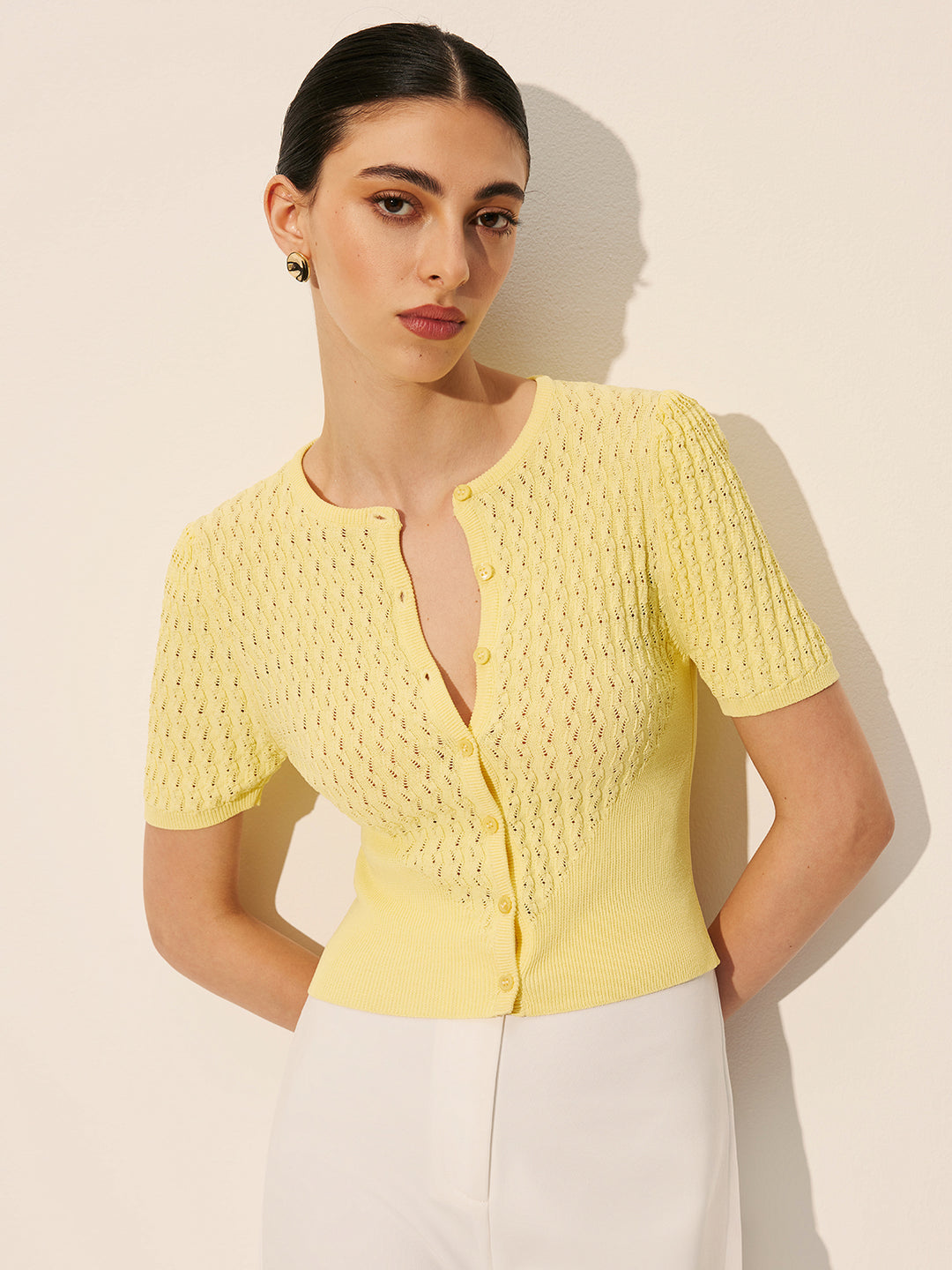 Open-Knit Top with Button Detail - Lightweight & Versatile Summer Style