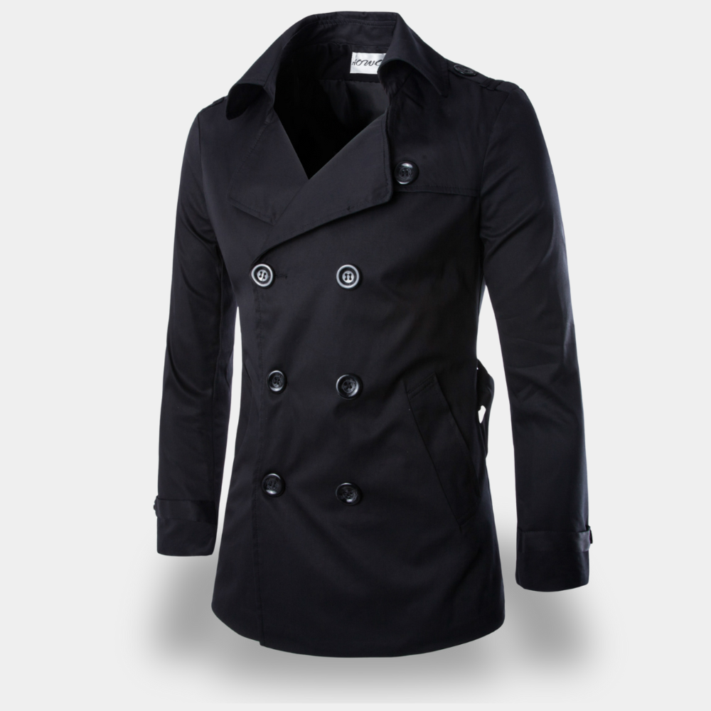 Gentle Class - Men's Double-Breasted Wool Trench Coat in Black & Gray