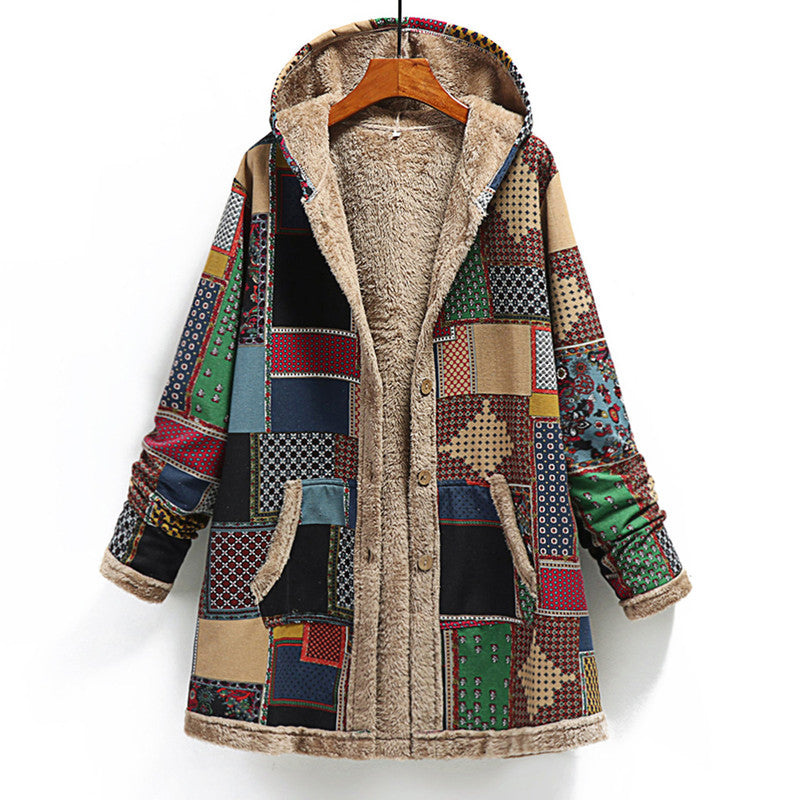 CozyChic – Women's Jacket with Hood and Boho Patchwork for Stylish Layering