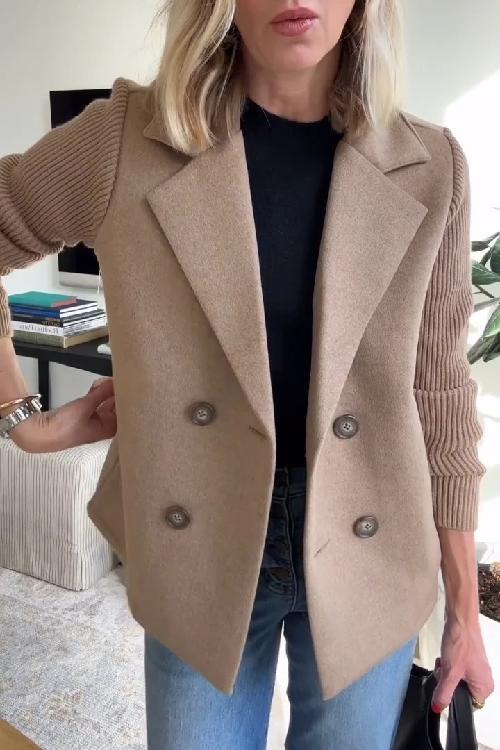 Amora - Elegant Double-Breasted Blazer with Knit Sleeves for Versatile Style