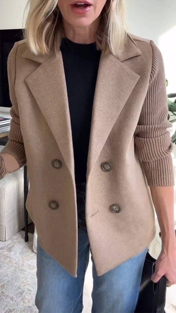 Amora - Elegant Double-Breasted Blazer with Knit Sleeves for Versatile Style