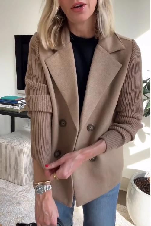 Amora - Elegant Double-Breasted Blazer with Knit Sleeves for Versatile Style