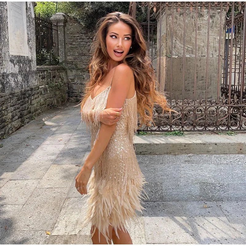 Sequin Feather Trim Mini Dress