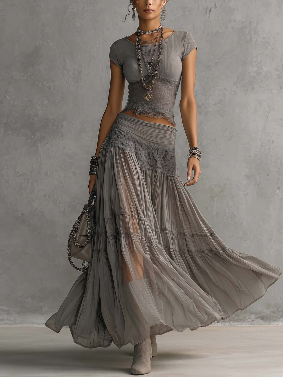 Eveline Lace Top and Pleated Maxi Skirt Set