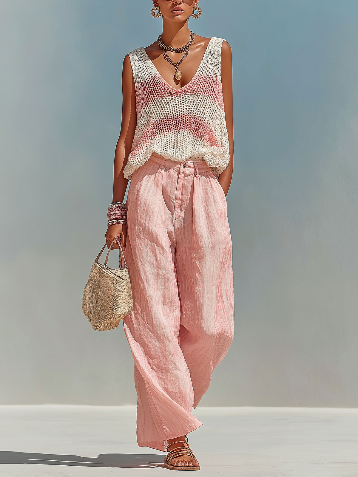 Ava | Chic Elegant Striped V-Neck Knit Tank Top and Satin Pants Set 0