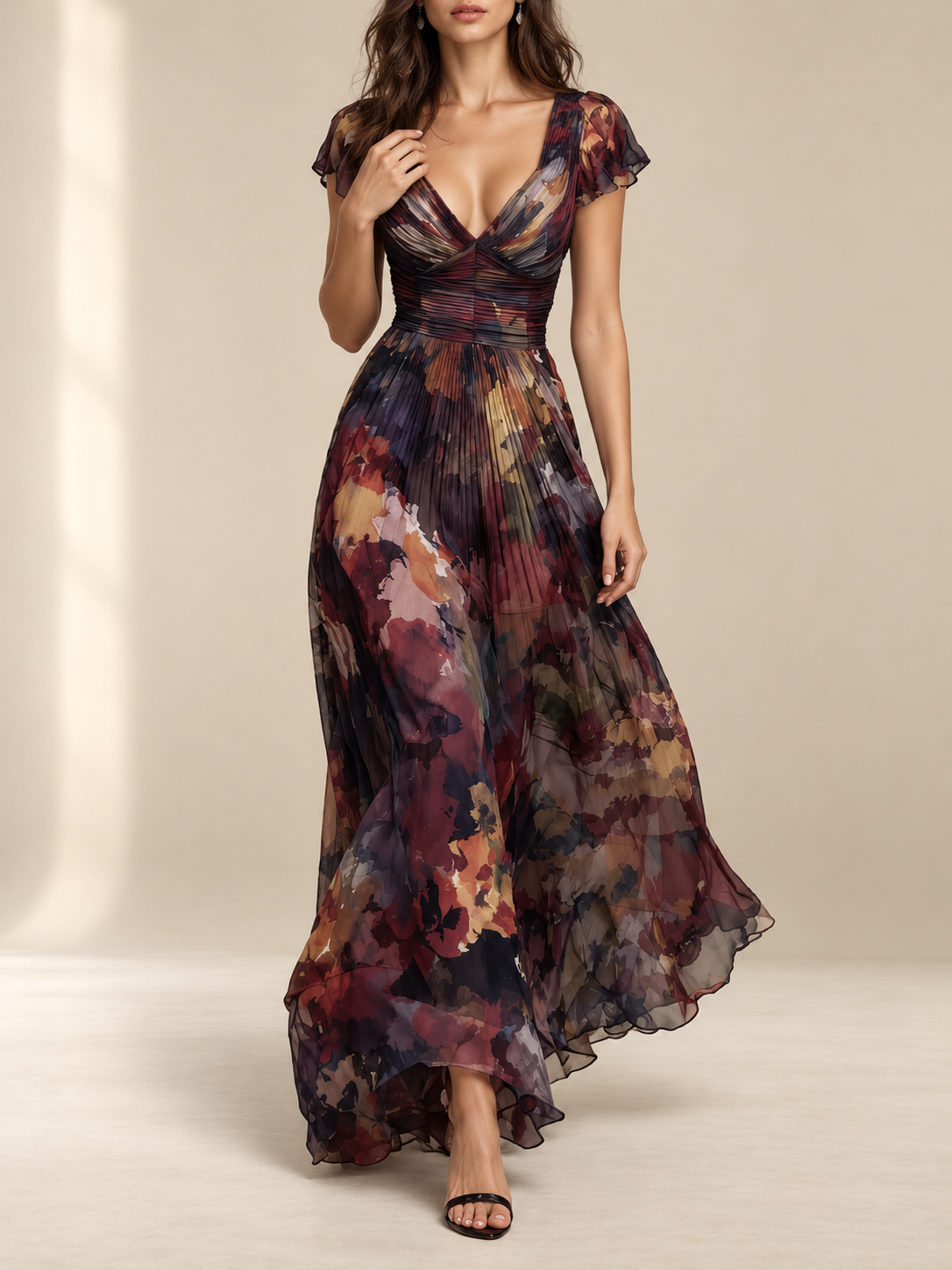Camille Watercolour Pleated Maxi Dress