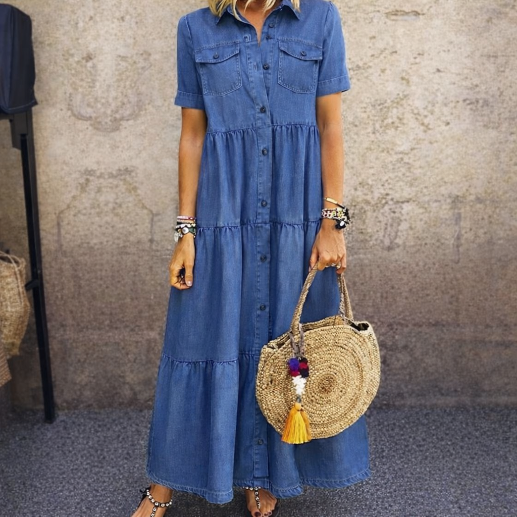 Ophelia Button Front Tiered Midi Dress