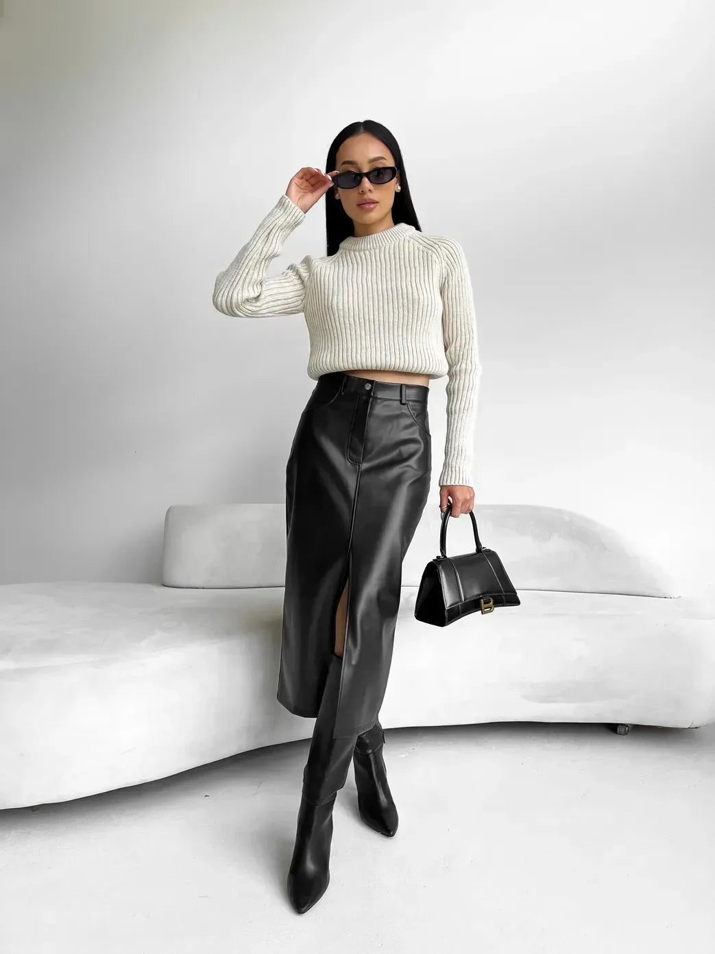 Eco-Friendly Faux Leather Maxi Skirt with High Slit for Women - Elegant Long Skirt