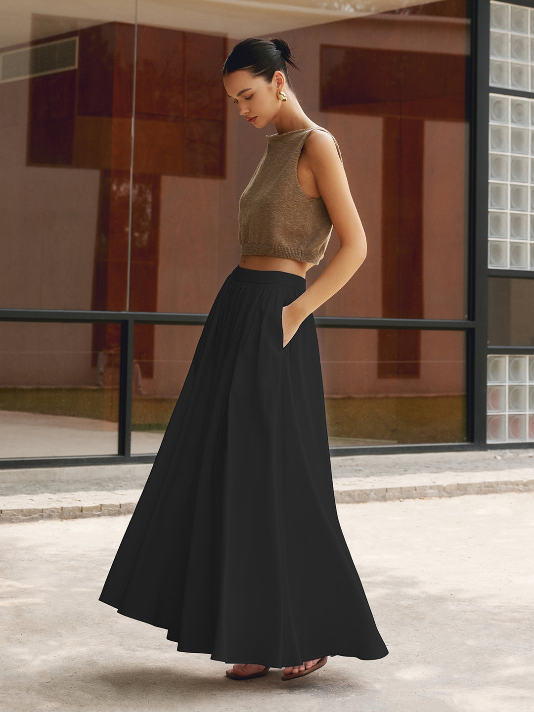 Elegant Cotton Pleated Maxi Skirt for Women - Lightweight Long Skirt in Classic Colors
