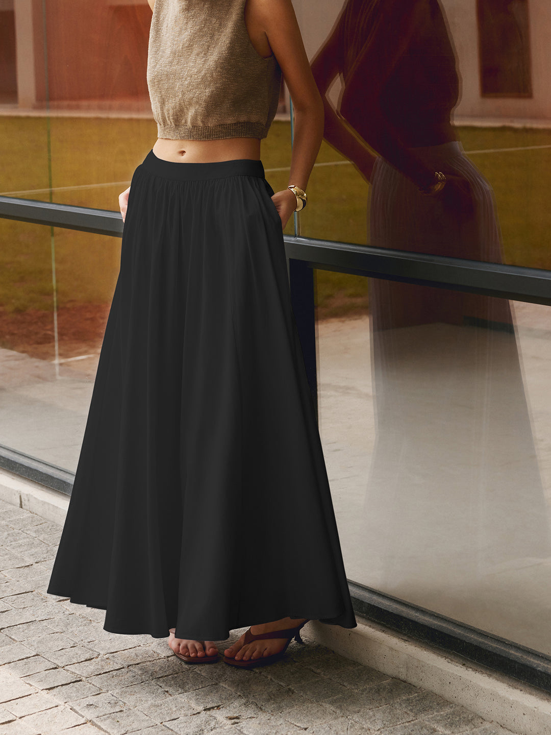 Elegant Cotton Pleated Maxi Skirt for Women - Lightweight Long Skirt in Classic Colors