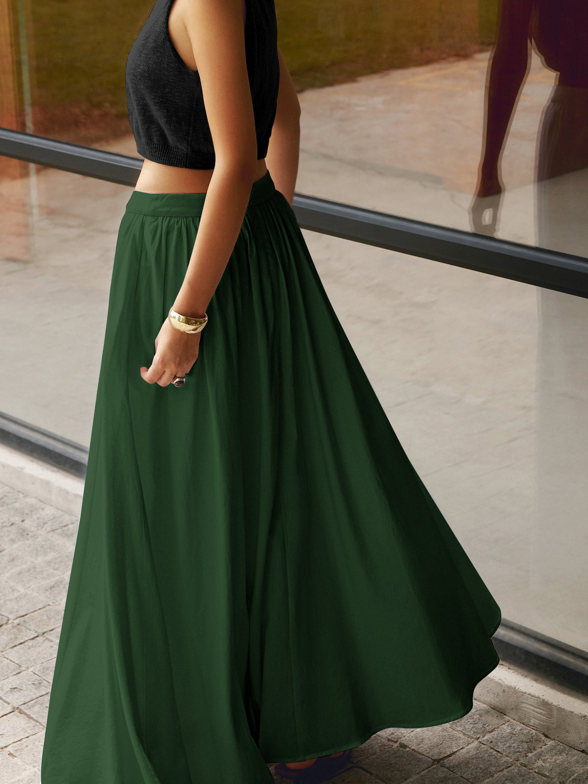 Elegant Cotton Pleated Maxi Skirt for Women - Lightweight Long Skirt in Classic Colors