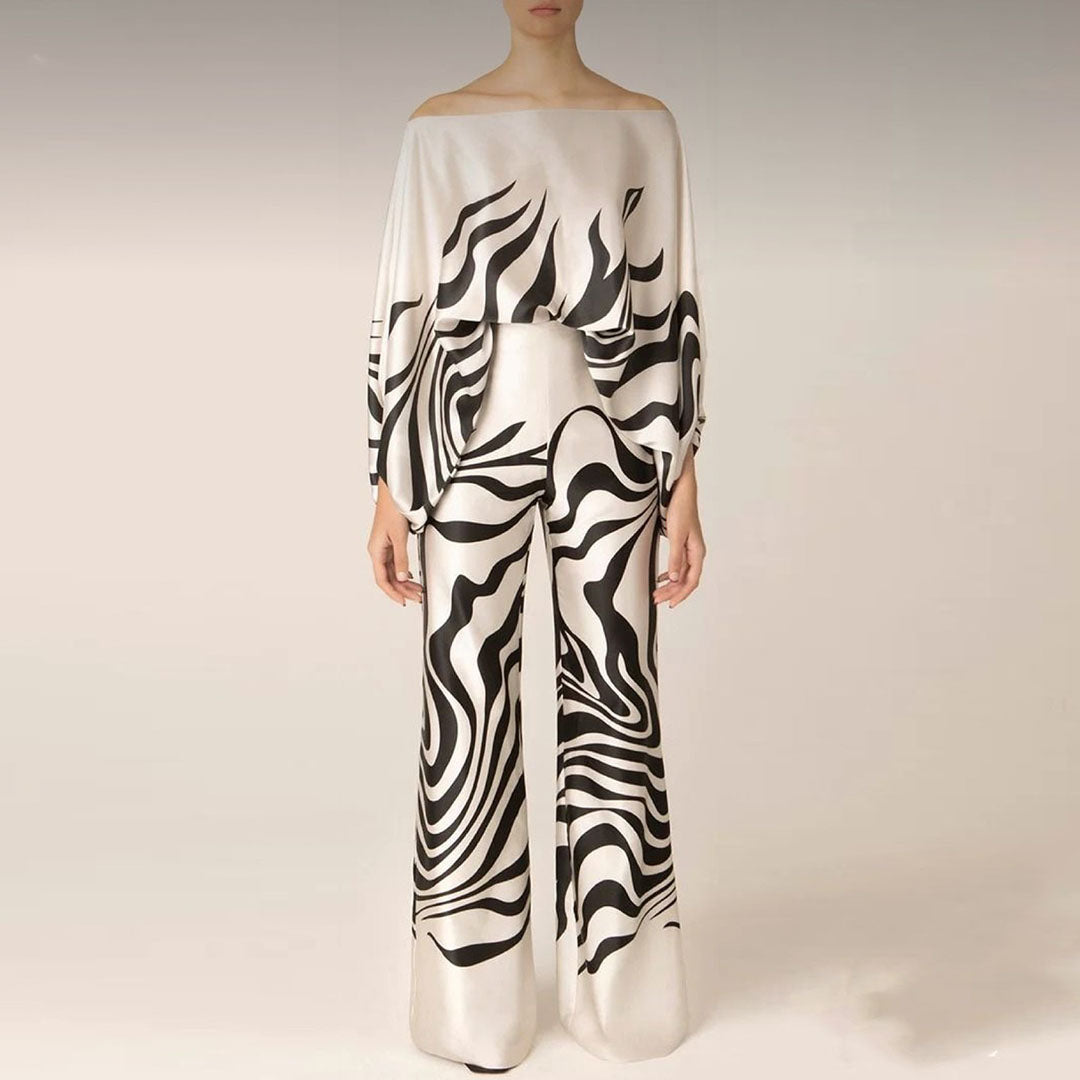 Elegant Women's Two-Piece Satin Set with Off-Shoulder Top and Unique Pattern – Luxe Evening Outfit