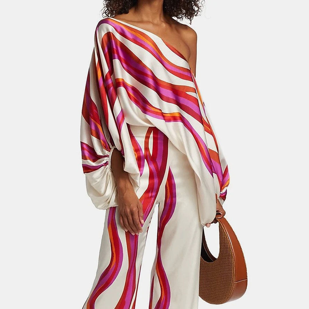 Elegant Women's Two-Piece Satin Set with Off-Shoulder Top and Unique Pattern – Luxe Evening Outfit