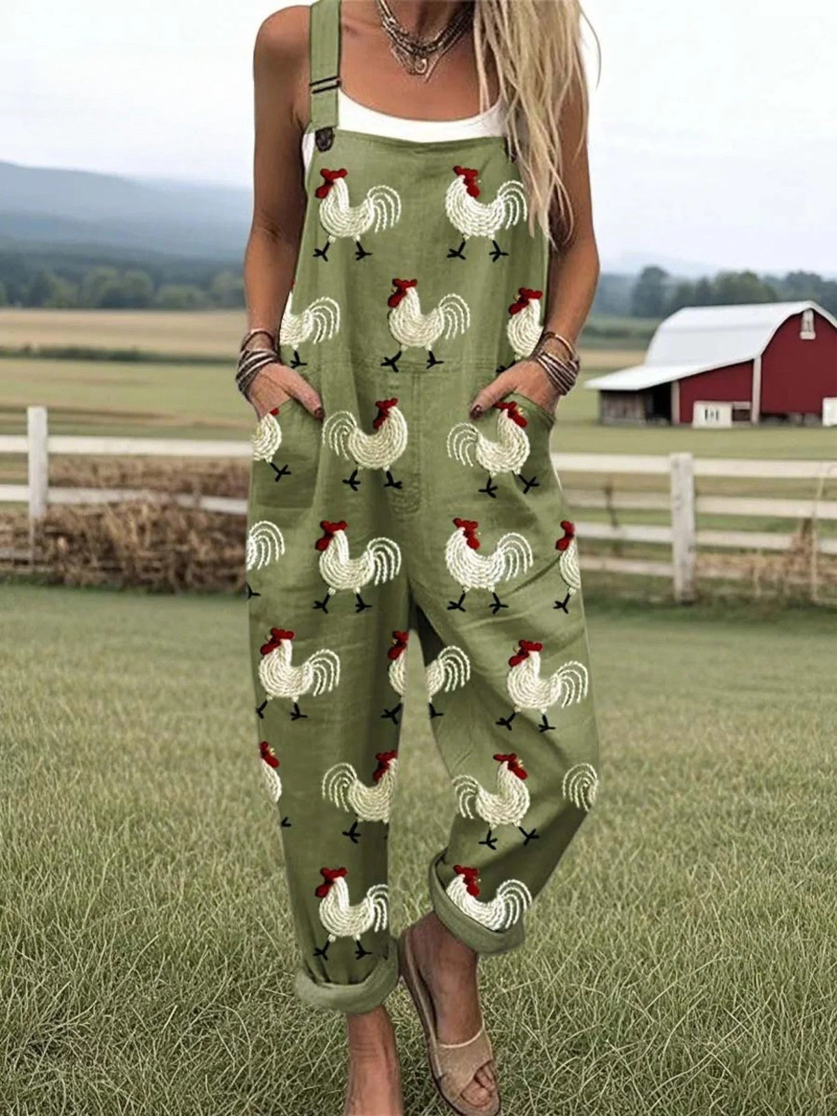 Aster Rooster Print Cropped Overalls