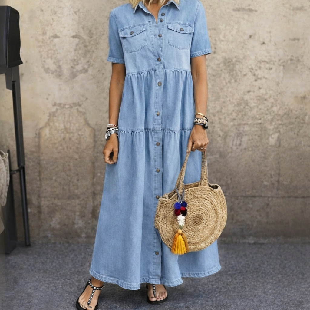 Ophelia Button Front Tiered Midi Dress