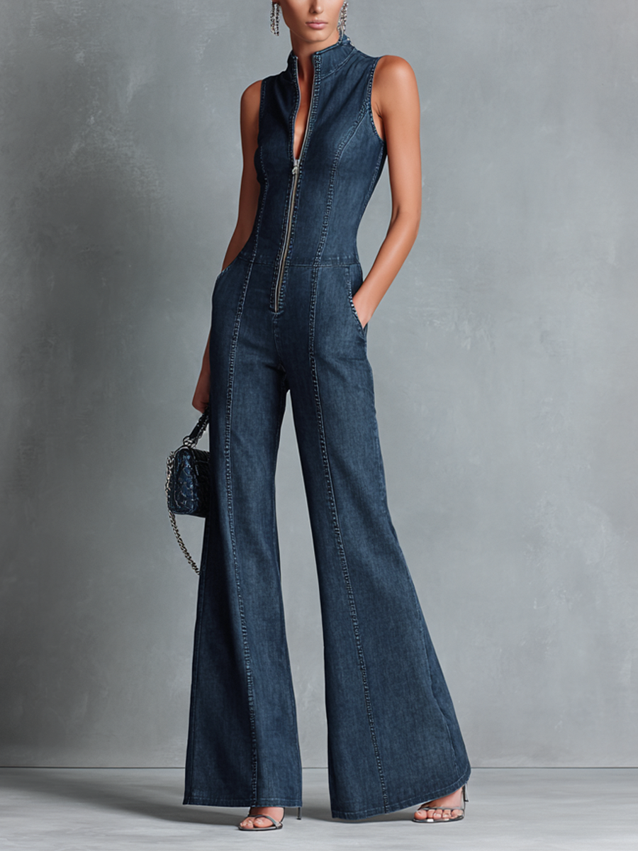 Zip Front Denim Jumpsuit