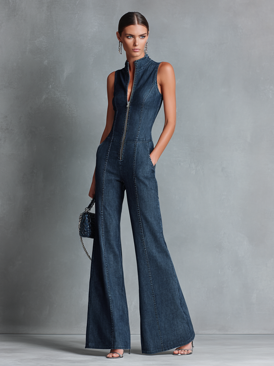 Zip Front Denim Jumpsuit